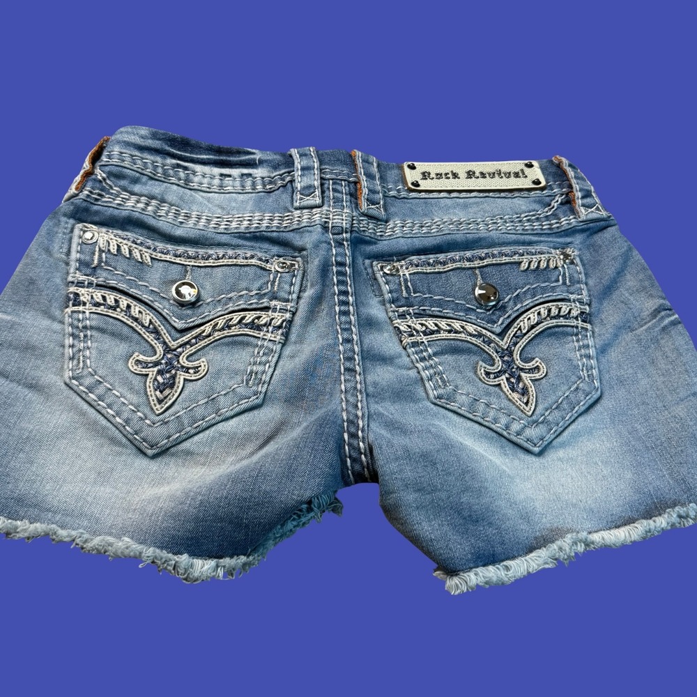 Rock Revival Womens Denim Shorts 27 Jelina Blue Distressed Cutoff Embroidered